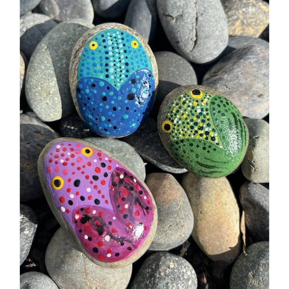 Hand Painted Frog River Rock  Original Art Paper Weight Painted Art Gift 3 PCS